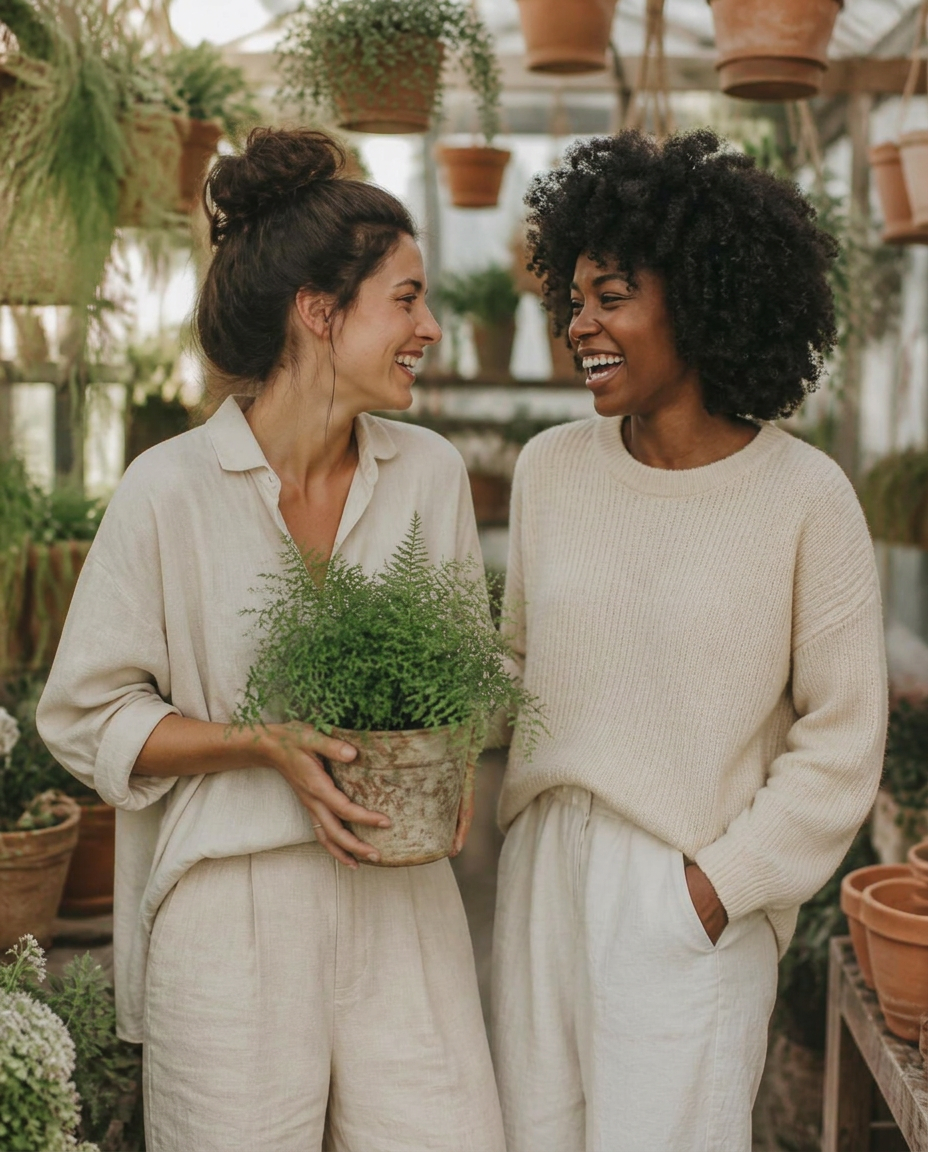 Two women laughing together at a plant workshop