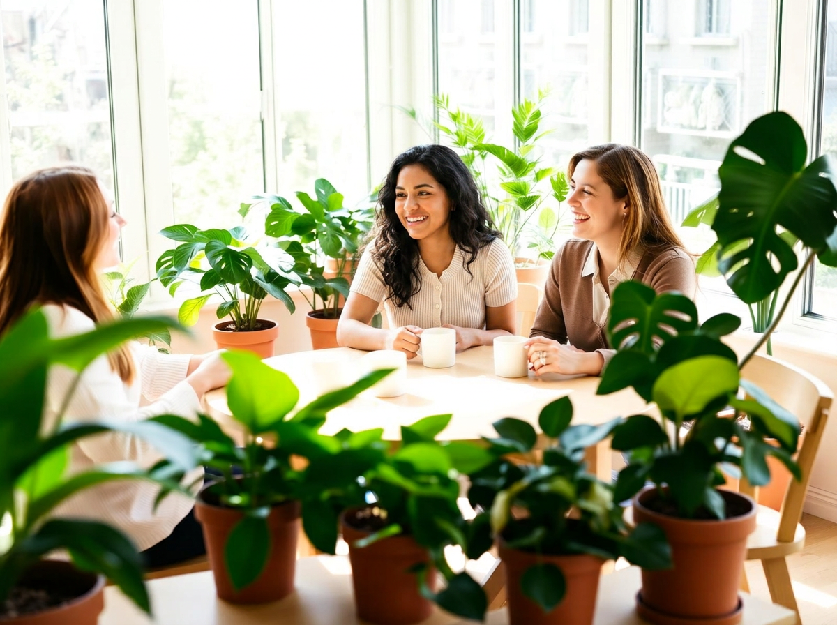 A group of women laughing together around a table filled with plants